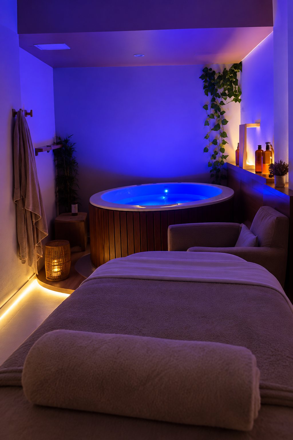 Sala de atendimento com maca preparada, iluminação suave e ambiente reservado