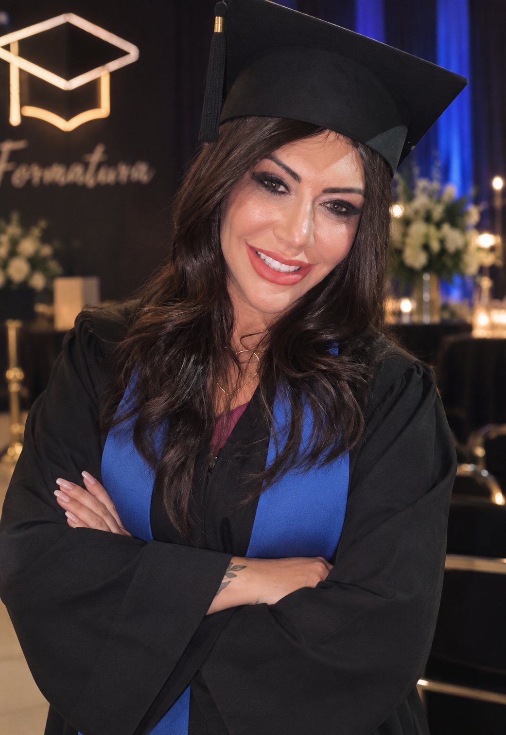 Daniele Mordegane na formatura, com beca e capelo
